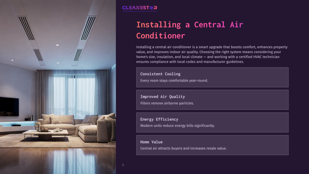 Cleanestor Logo With Text &Quot;Installing A Central Air Conditioner&Quot; And A Modern Living Room With A Sectional Sofa And Coffee Table.
