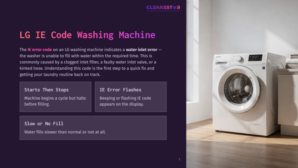 Lg Ie Error Code Washing Machine Troubleshooting Guide. Shows Text Explaining The Ie Error, A Lg Washing Machine, And A Laundry Room Setting.