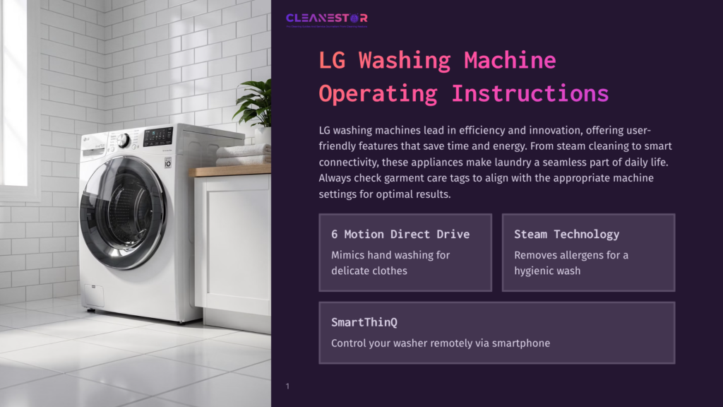 Lg Washing Machine With 6 Motion Direct Drive And Steam Technology, Shown In A Modern Laundry Room With White Tiled Walls And Wooden Countertops. Text Overlay Highlights Operating Instructions.