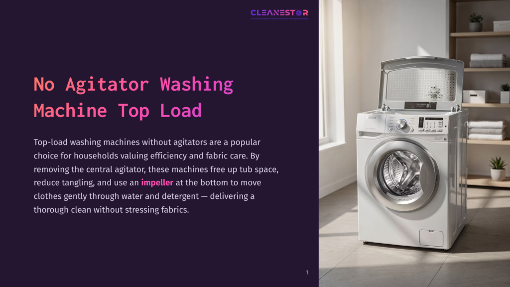 A White Samsung Top-Load Washing Machine With Its Lid Open, Showcasing The Drum And Controls, Sits In A Bright, Modern Laundry Room With Shelves Of Folded Towels In The Background. Text On The Left Reads &Quot;No Agitator Washing Machine Top Load.