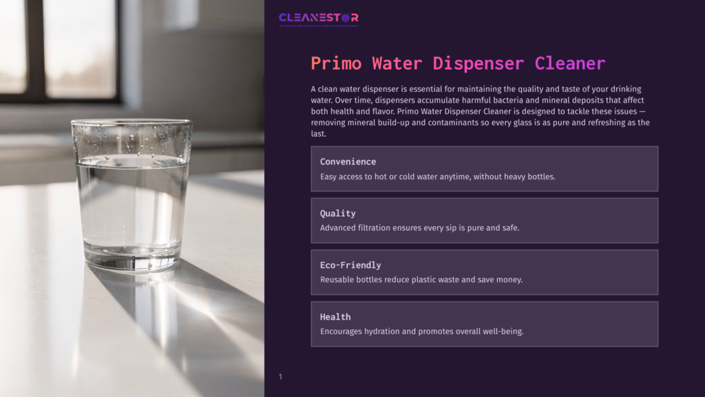 A Clear Glass Of Water On A White Table With Soft Light And Shadows. The Text Cleanestor And Primo Water Dispenser Cleaner Is Visible.