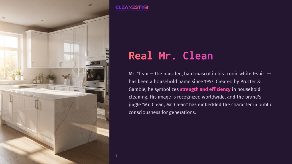 Cleanestor Logo Above A Modern, Sun-Drenched Kitchen With White Cabinets, A Marble Island, And Stainless Steel Appliances. Text Reads &Quot;Real Mr. Clean - Mr. Clean - The Muscled, Bald Mascot In His Iconic White T-Shirt - Has Been A Household Name Since 1957. Created By Procter &Amp; Gamble, He Symbolizes Strength And Efficiency In Household Cleaning. His Image Is Recognized Worldwide, And The Brand'S Jingle &Quot;Mr. Clean, Mr. Clean&Quot; Has Embedded The Character In Public Consciousness For Generations.