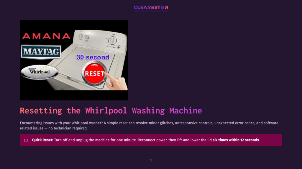 1 Resetting The Whirlpool Washing Machine A Whirlpool Washing Machine Is Shown With A &Quot;Reset&Quot; Button Highlighted, Indicating How To Reset The Appliance. The Text &Quot;Amana&Quot; And &Quot;Maytag&Quot; Are Visible On The Machine.