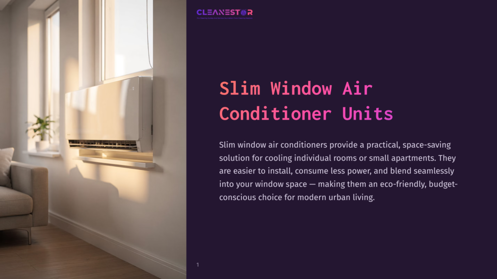 Cleanestor Logo Above Text Describing Slim Window Air Conditioner Units As A Practical, Space-Saving Solution For Modern Urban Living.