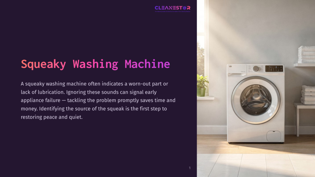 1 Squeaky Washing Machine A White Front-Load Washing Machine Sits To The Right Of A Dark Purple Slide With The Text &Quot;Squeaky Washing Machine&Quot; And An Explanation Of Potential Causes And Solutions.