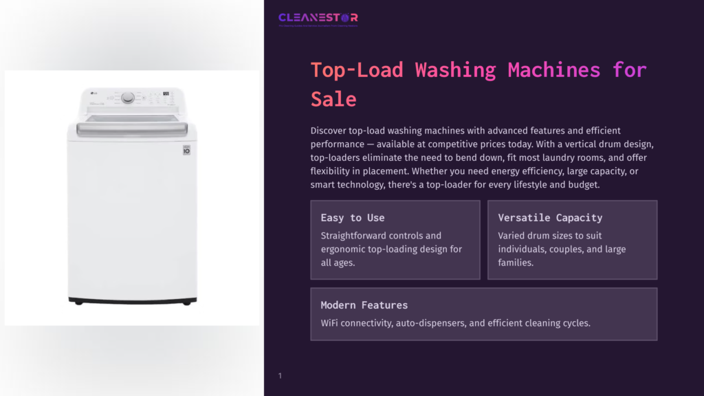 1 Top Load Washing Machines For Sale A Clean White Lg Top-Load Washing Machine With A Digital Display And A Large Capacity Drum Is Shown On A White Background, Part Of An Advertisement For Top-Load Washing Machines For Sale.