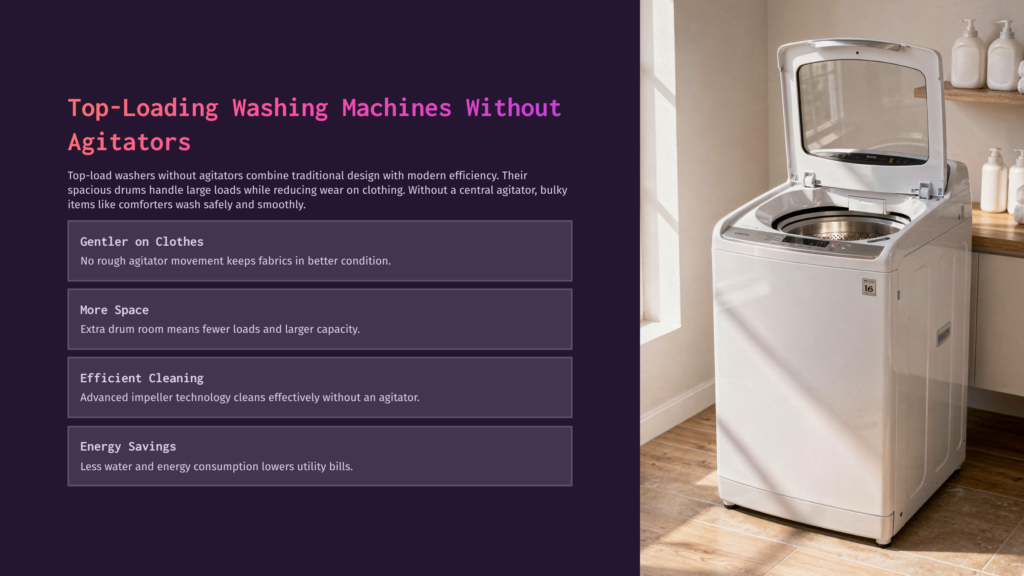 A Modern, White Top-Loading Washing Machine Without An Agitator Is Shown In A Bright, Clean Laundry Room, With Its Lid Open, Revealing The Drum. Text Overlays Highlight Features Like &Quot;Gentler On Clothes,&Quot; &Quot;More Space,&Quot; &Quot;Efficient Cleaning,&Quot; And &Quot;Energy Savings.