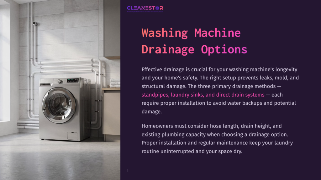 Cleanestor Logo Above Text About Washing Machine Drainage Options, Featuring A Modern Front-Load Washing Machine With Visible Plumbing In A Clean, Tiled Laundry Room.