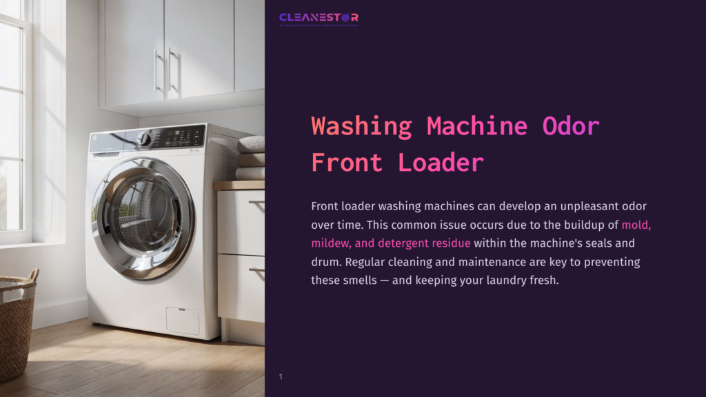 1 Washing Machine Odor Front Loader Front-Loading Washing Machine In A Clean, Bright Laundry Room. The Machine Is Silver And White, With A Glass Door. Shelves With Folded Towels Are Visible To The Right. The Cleanestor Logo And Title &Quot;Washing Machine Odor Front Loader&Quot; Are Visible On The Right.