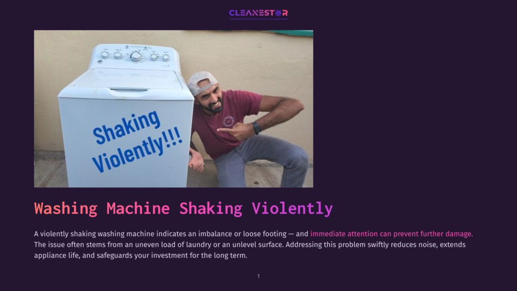 Man In A Baseball Cap Points To A Washing Machine With &Quot;Shaking Violently!!!&Quot; Written On It In Blue Letters, Indicating A Common Washing Machine Problem.