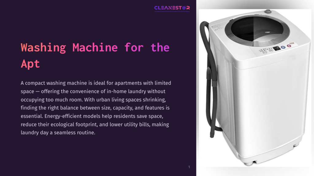 A White Compact Top-Load Washing Machine With A Clear Lid And Digital Display, Designed For Apartments And Small Spaces, Is Shown In A Studio Setting. The Text &Quot;Cleanestor&Quot; Is Visible At The Top.