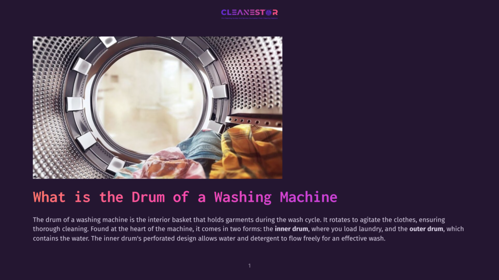 Inside View Of A Washing Machine Drum Filled With Colorful Laundry, Showing The Inner Perforated Drum And Outer Drum. The Cleanestor Logo Is Visible At The Top.