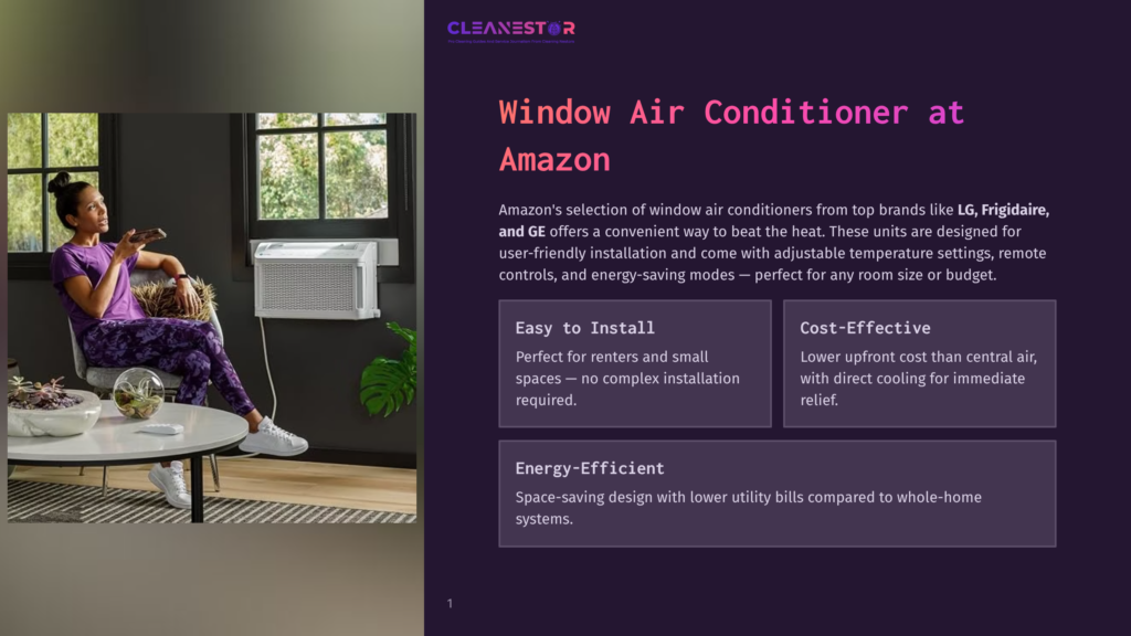 A Woman In Activewear Relaxes On A Couch Next To A Window Air Conditioner. The Text &Quot;Cleanestor&Quot; And &Quot;Window Air Conditioner At Amazon&Quot; Is Visible.