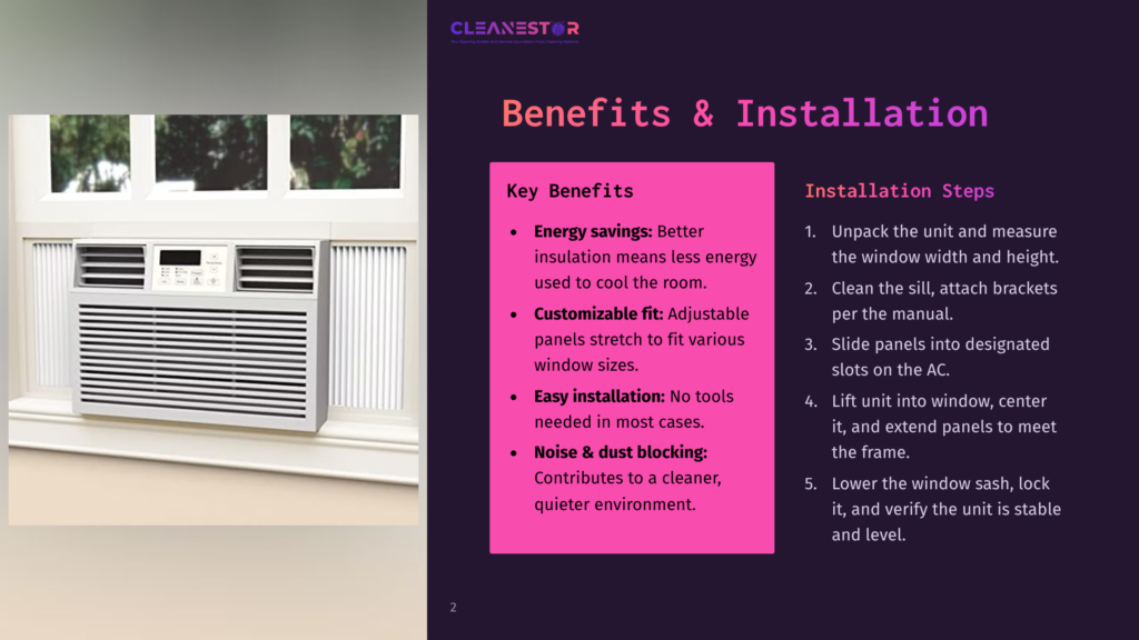 A White Window Air Conditioner Unit Is Installed In A Window With White Blinds, Showing The Cleanestor Logo And Text About Benefits And Installation Steps.
