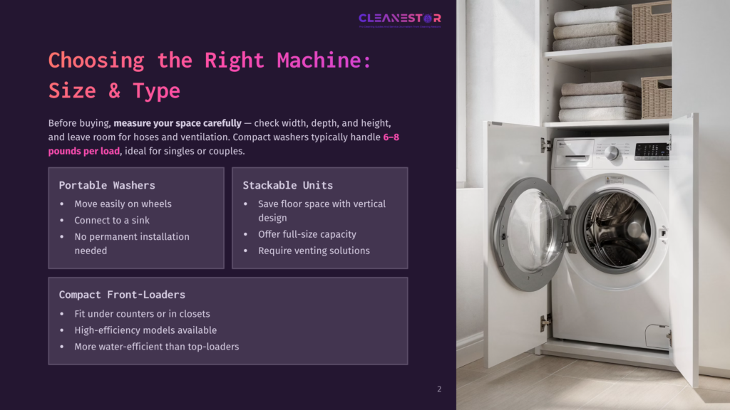 Choosing The Right Machine: Size &Amp; Type. A Compact Front-Load Washing Machine Is Open, Revealing Its Drum. Above It, Shelves Hold Neatly Folded Towels And Wicker Baskets. The Image Highlights Compact Washers And Stackable Units.