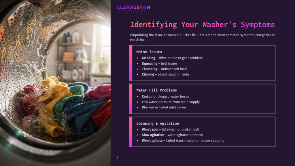 2 Identifying Your Washers Symptoms Inside A Washing Machine, Colorful Clothes Tumble Through Splashing Water, Illustrating Washer Issues Like Grinding, Squealing, Or Not Spinning.