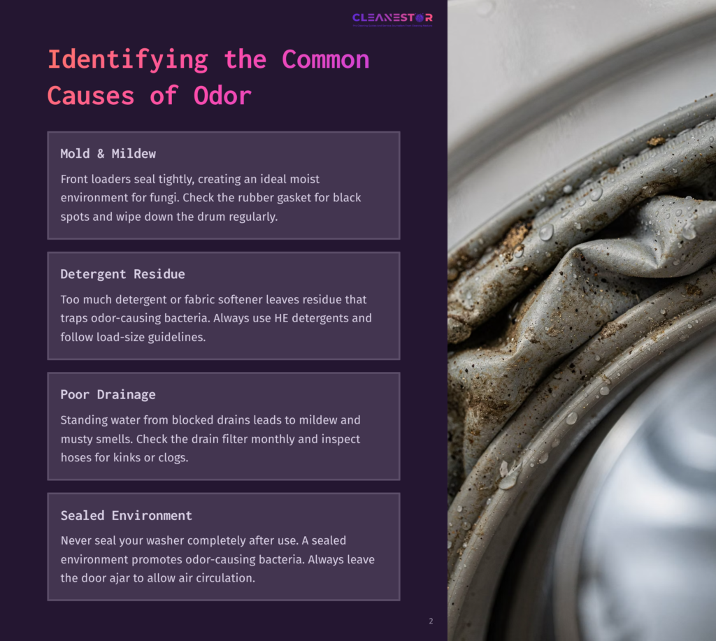 2 Identifying The Common Causes Of Odor Close-Up Of A Dirty, Moldy Washing Machine Door Seal With Visible Grime And Mildew, Illustrating Common Causes Of Odor.