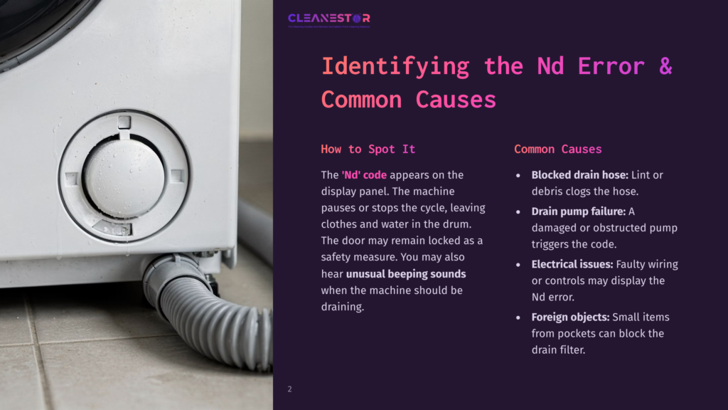 Close-Up Of A Washing Machine Drain Hose Connected To The Machine, With Water Droplets On The White Appliance. Text Overlay Reads &Quot;Cleanestor&Quot; And &Quot;Identifying The Nd Error &Amp; Common Causes&Quot;.