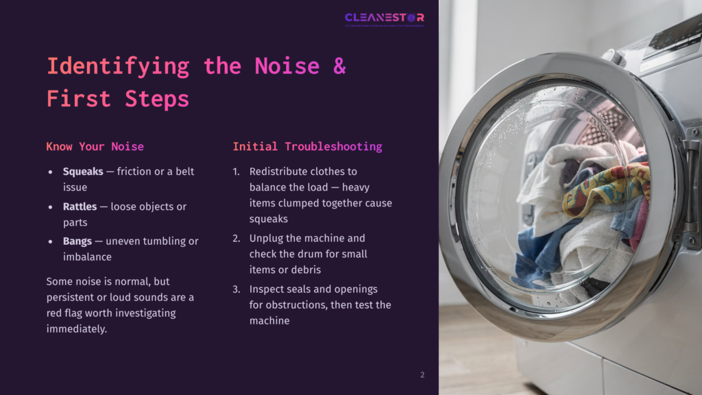 2 Identifying The Noise And First Steps Close-Up Of A Washing Machine Drum Filled With Colorful Laundry, With Text Overlay &Quot;Cleanestor Identifying The Noise &Amp; First Steps&Quot; And Troubleshooting Tips.