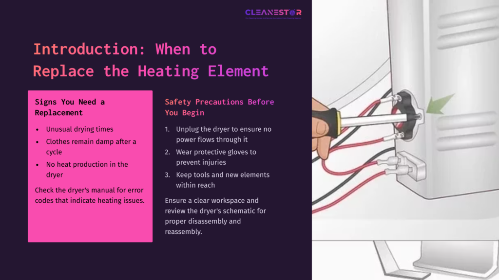 2 Introduction When To Replace The Heating Element 1 A Technician Uses A Screwdriver To Access Wires Connected To A Heating Element, With Safety Tips And Replacement Signs Listed Alongside.