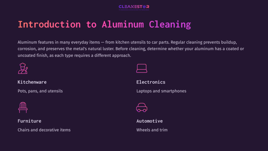 Text On A Dark Background Outlines Various Aluminum Cleaning Tips For Kitchenware, Electronics, Furniture, And Automotive Items.