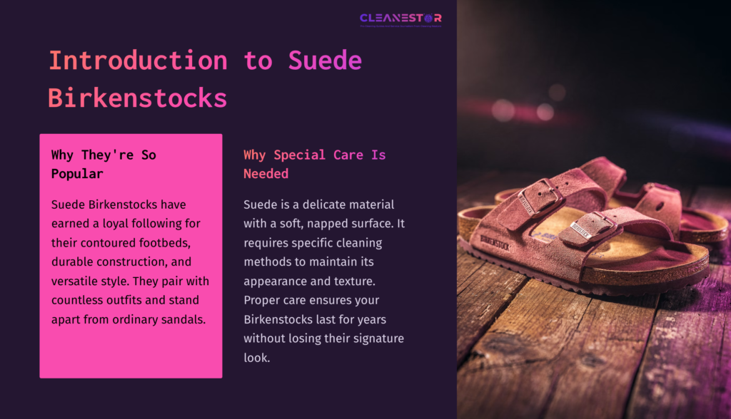 Pink Suede Birkenstocks Are Displayed On A Wooden Surface, Accompanied By A Purple And Pink Background With Text About Cleaning Care.