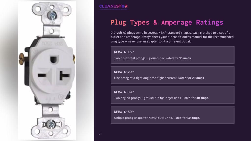 2 Plug Types And Amperage Ratings Close-Up Of A White Nema 6-20R 240-Volt Ac Wall Outlet, A Common Type For High-Power Appliances Like Air Conditioners, With Text Overlay Detailing Nema Plug Types And Amperage Ratings.