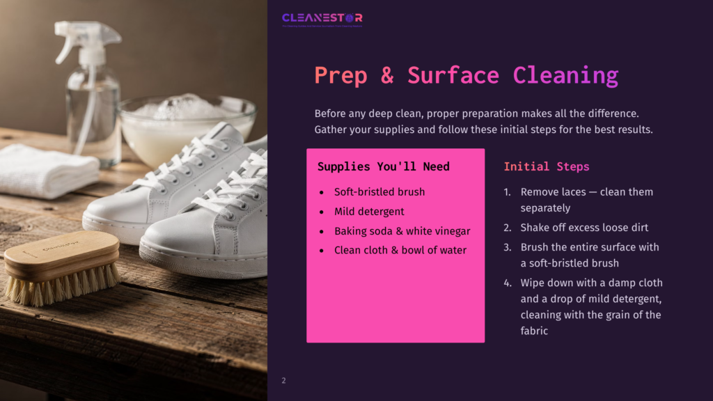 2 Prep And Surface Cleaning White Sneakers, A Spray Bottle, A Bowl Of Suds, And A Brush Are Arranged On A Rustic Wooden Surface, Ready For Cleaning. Text Overlays &Quot;Cleanestor Prep &Amp; Surface Cleaning Supplies You'Ll Need&Quot; And &Quot;Initial Steps&Quot;.