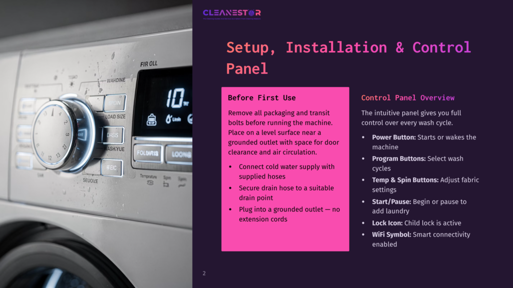 Close-Up Of A Modern Washing Machine Control Panel With A Digital Display Showing &Quot;10:00&Quot; And Various Program Buttons Like &Quot;Delicates,&Quot; &Quot;Spin,&Quot; And &Quot;Rinse+Spin.