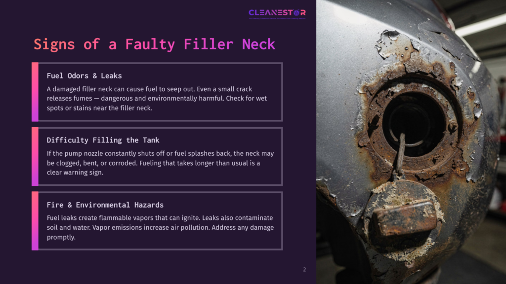 Close-Up Of A Severely Rusted, Old Car Fuel Filler Neck With A Cracked And Discolored Cap, Highlighting The Signs Of A Faulty Filler Neck And Potential Fuel Leaks.