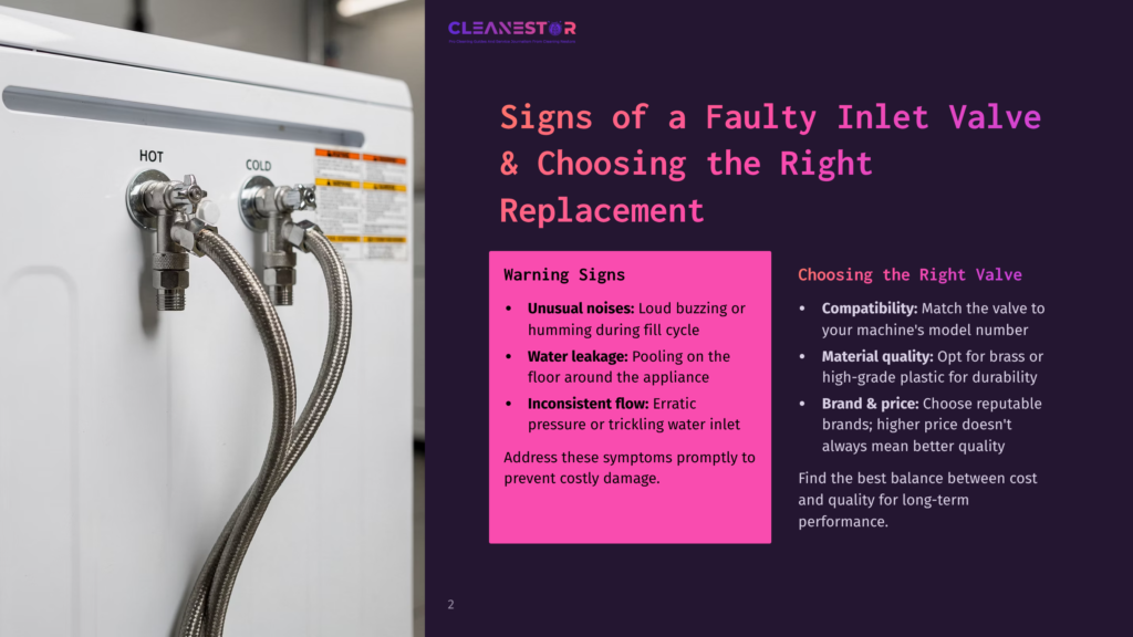 2 Signs Of A Faulty Inlet Valve And Choosing The Right Replacement Close-Up Of Hot And Cold Water Inlet Valves On A Washing Machine, With Hoses Attached. Text Overlay Reads &Quot;Cleanestor&Quot; And &Quot;Signs Of A Faulty Inlet Valve &Amp; Choosing The Right Replacement&Quot;.