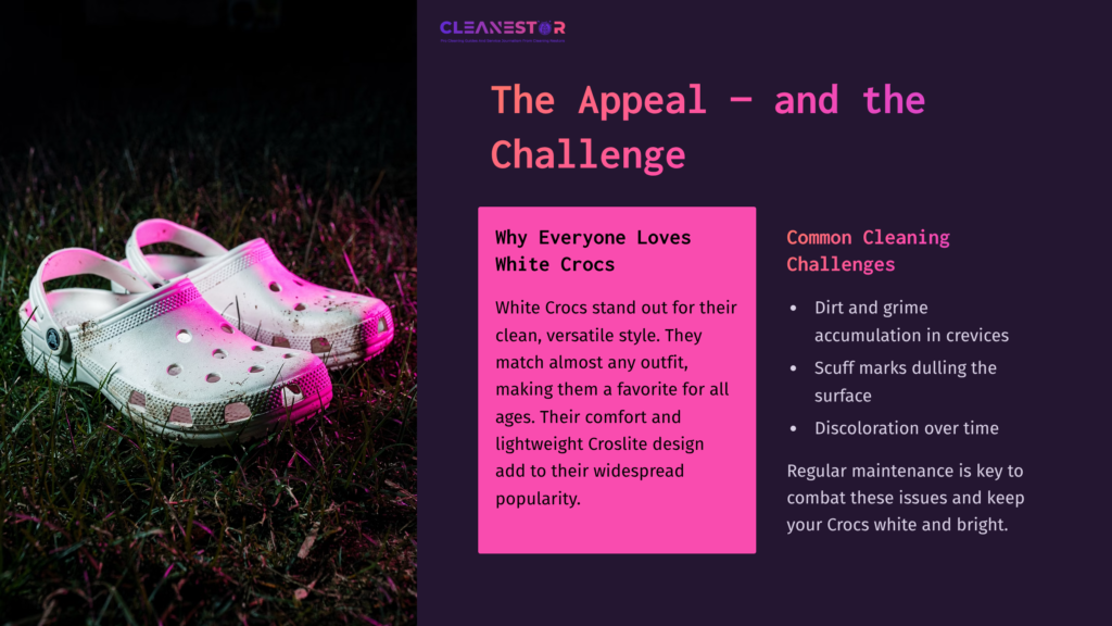 White Crocs With Pink Accents Sit On Grassy Ground, Alongside Text Explaining Their Appeal, Cleaning Challenges, And Maintenance Tips.