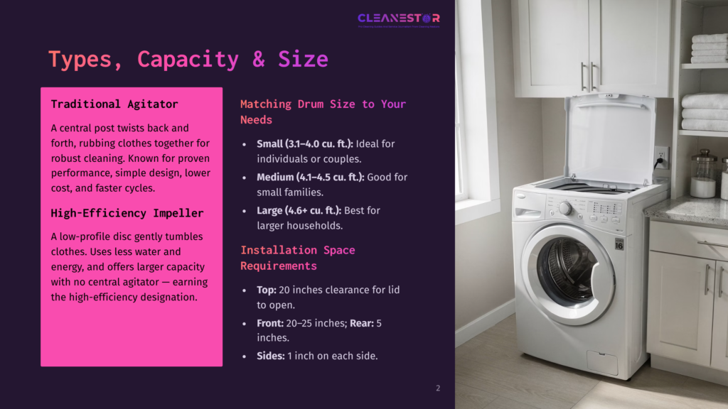 2 Types Capacity And Size A White Cleanestor Washing Machine With Its Lid Open, Revealing The Drum, Sits In A Bright, Modern Laundry Room With White Cabinets And Neatly Folded White Towels Stacked On A Shelf.