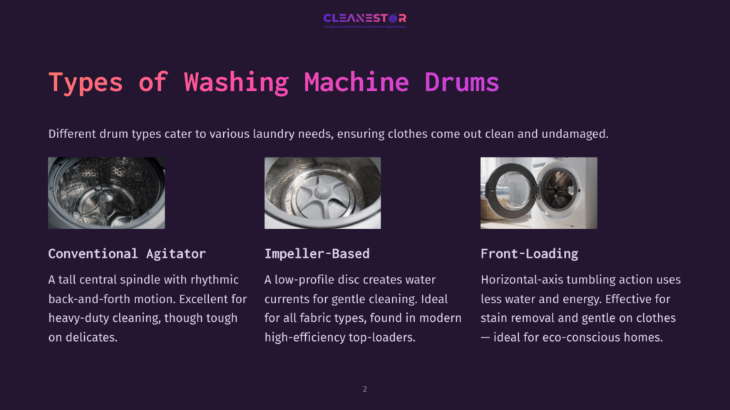 Three Types Of Washing Machine Drums: A Conventional Agitator, An Impeller-Based Drum, And A Front-Loading Drum With Two Doors Open, Showcasing Diverse Laundry Solutions.