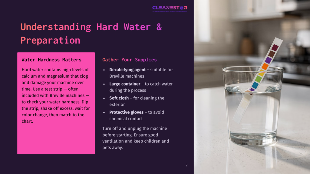 2 Understanding Hard Water And Preparation A Glass Of Water Sits On A Kitchen Counter, With A Water Hardness Test Strip Being Dipped Into It. Text Overlay Reads &Quot;Understanding Hard Water &Amp; Preparation&Quot; And &Quot;Gather Your Supplies&Quot;.