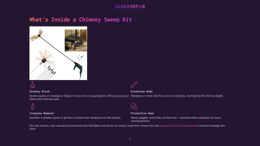 What'S Inside A Chimney Sweep Kit: A Visual Guide Showcasing A Chimney Brush With Extension Rods, Creosote Remover, And Protective Gear For Effective Chimney Cleaning.