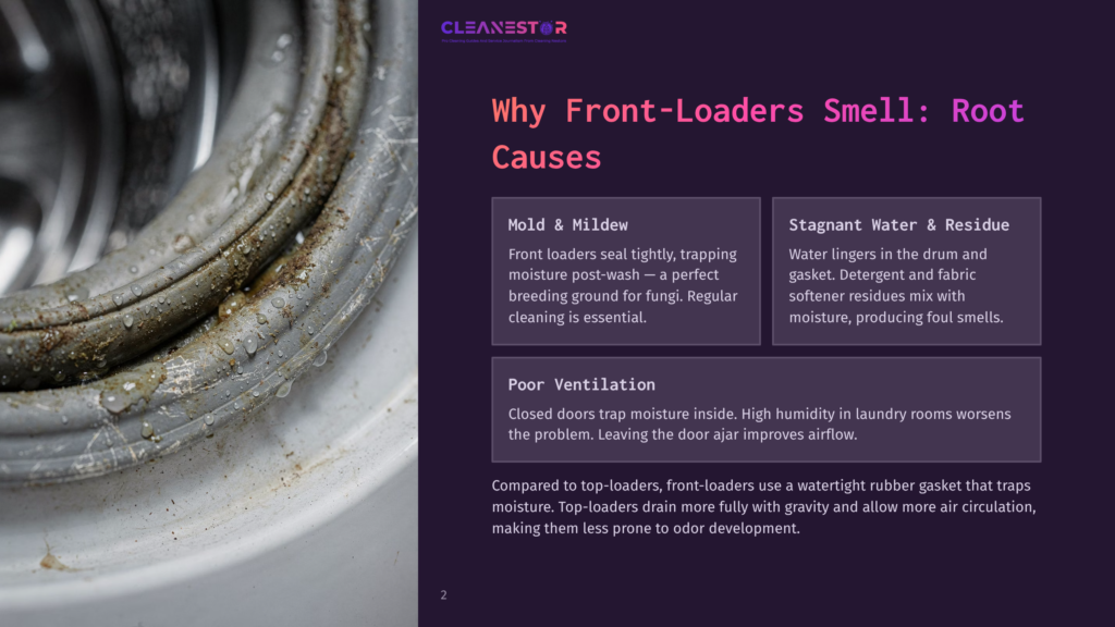 Close-Up Of A Dirty, Moldy Rubber Seal Around A Front-Loader Washing Machine Door, With Water Droplets Visible. Text Overlay Reads &Quot;Cleanestor&Quot; And &Quot;Why Front-Loaders Smell: Root Causes.