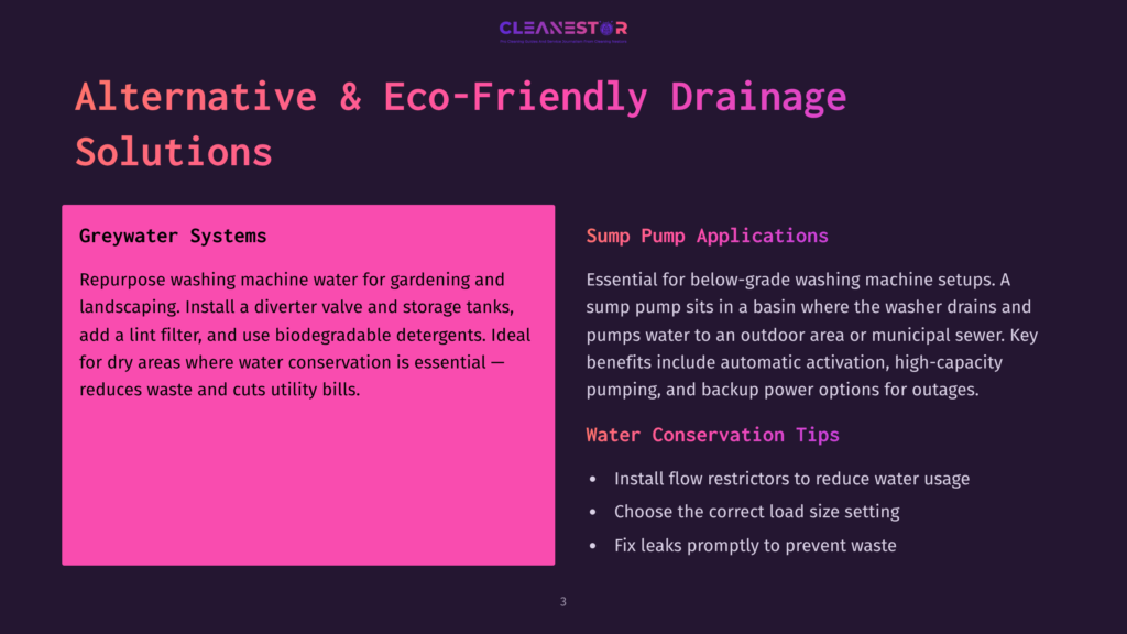 A Slide Titled &Quot;Greywater Systems&Quot; And &Quot;Sump Pump Applications&Quot; With Text Explaining Greywater Reuse For Gardening And Sump Pump Uses For Outdoor Area Water. Includes &Quot;Water Conservation Tips&Quot; Like Flow Restrictors And Leak Fixes.