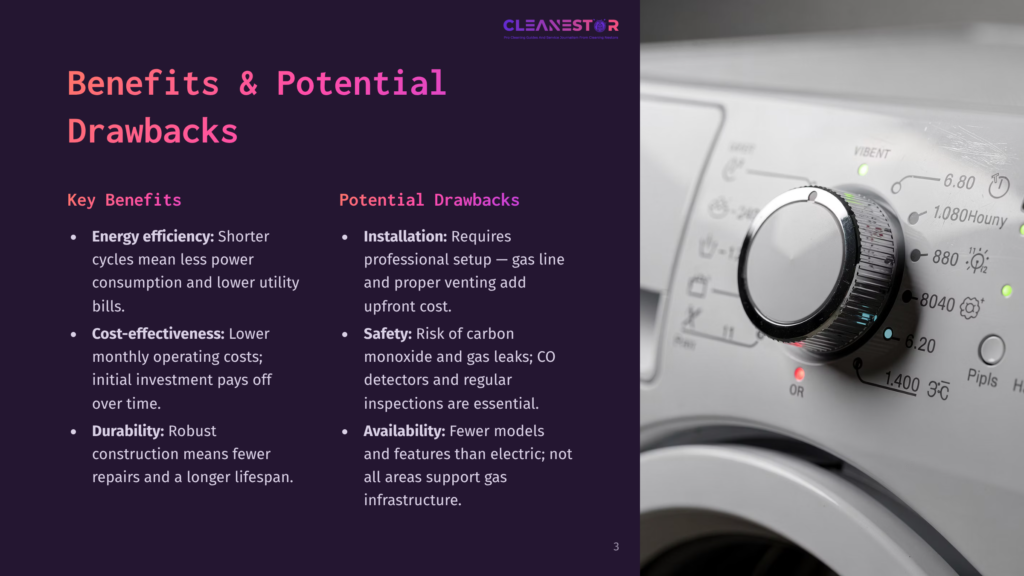 Close-Up Of A Modern Washing Machine Control Panel With Settings Like &Quot;6.80&Quot;, &Quot;1.080Houny&Quot;, And &Quot;8040&Quot;, Featuring A Dial And Buttons. Text Overlays Highlight Benefits And Drawbacks Of A Product, With The Cleanestor Logo Visible.