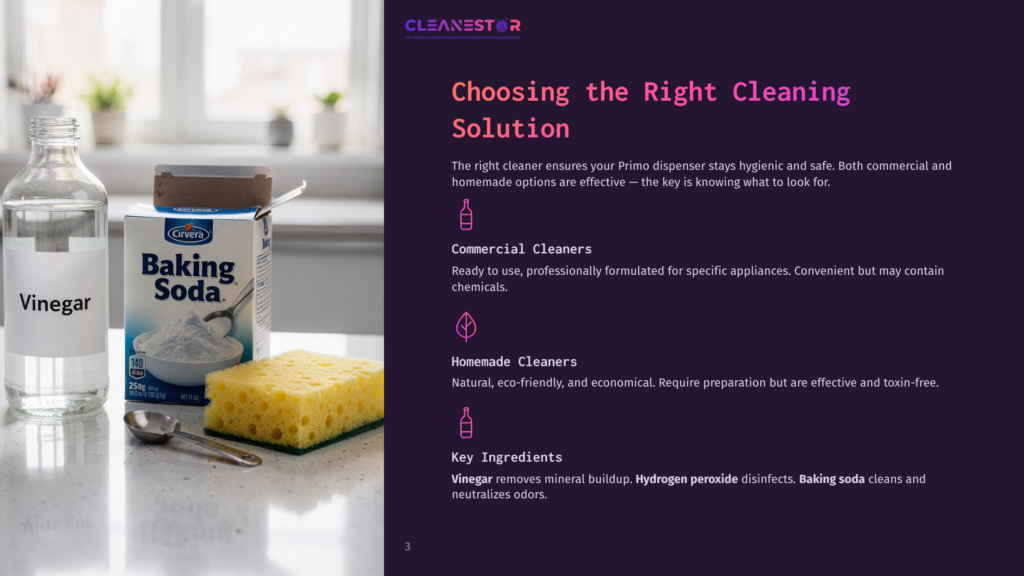 A Bottle Of White Vinegar And A Box Of Baking Soda Sit On A Kitchen Counter Next To A Yellow Sponge, With Text Overlay About Choosing The Right Cleaning Solution.