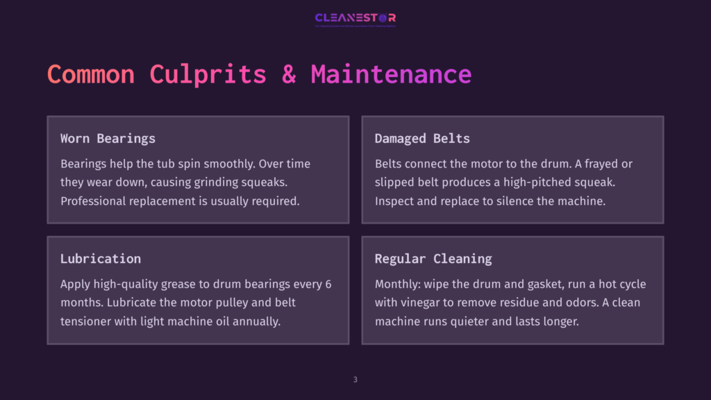 3 Common Culprits And Maintenance Infographic Titled &Quot;Common Culprits &Amp; Maintenance&Quot; For Washing Machines, Detailing Worn Bearings, Damaged Belts, Lubrication, And Regular Cleaning With Text And Icons.