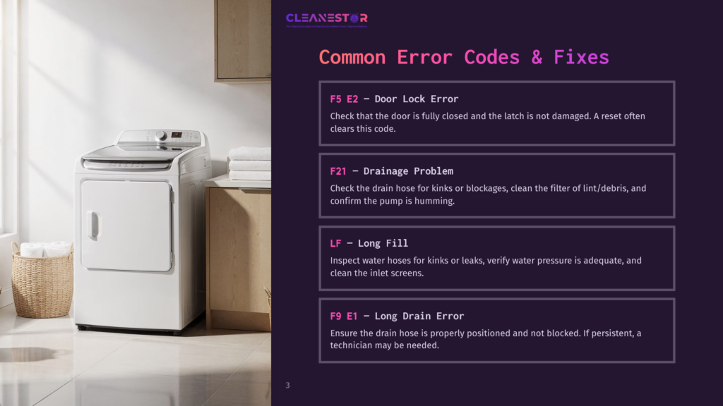 3 Common Error Codes And Fixes A White Front-Load Washing Machine And Dryer Set With A Laundry Basket Sits Next To A Stack Of Folded White Towels. The Image Also Displays A Slide Titled &Quot;Cleanestor Common Error Codes &Amp; Fixes&Quot; With Error Codes E2, F21, Lf, And F9/E1.