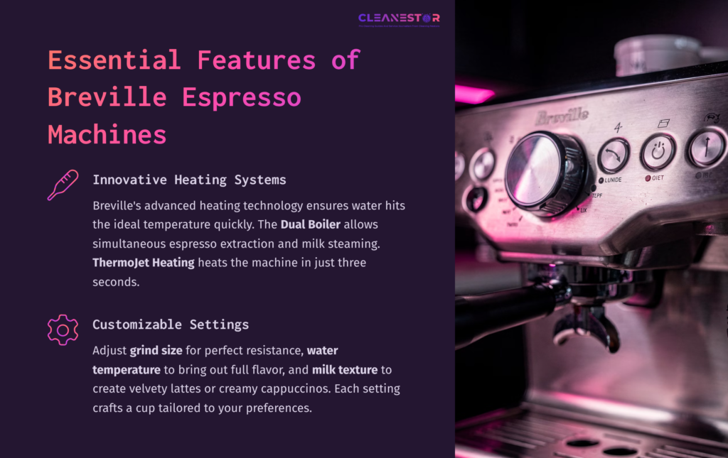 Close-Up Of A Breville Espresso Machine With Shiny Metallic Controls, Featuring A Pink Hue Background Highlighting Its Innovative Design And Settings.