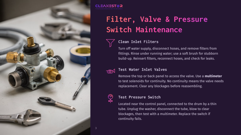 Closestors Filter, Valve &Amp; Pressure Switch Maintenance Guide With Text And Icons Explaining How To Clean Inlet Filters, Test Water Inlet Valves, And Test Pressure Switch.
