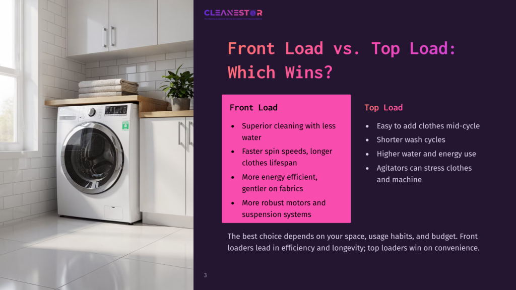 3 Front Load Vs Top Load Which Wins Comparison Of Front-Load And Top-Load Washing Machines, Highlighting Pros And Cons Of Each. Text Overlay: &Quot;Front Load Vs. Top Load: Which Wins?