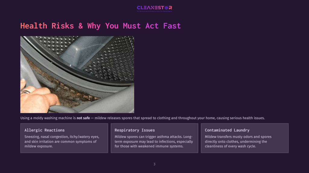 3 Health Risks And Why You Must Act Fast Close-Up Of A Hand Reaching Into A Washing Machine Drum, Revealing A Thick, Black Mold Growth Around The Rubber Seal. The Text Overlay Reads &Quot;Health Risks &Amp; Why You Must Act Fast&Quot;.
