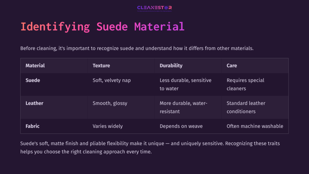 Chart Comparing Suede, Leather, And Fabric Materials With Details On Texture, Durability, And Care Instructions, Set Against A Dark Background.