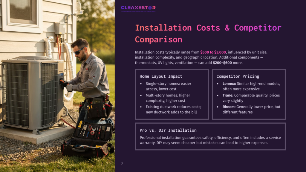 3 Installation Costs And Competitor Comparison A Technician In A Blue Uniform Works On An Outdoor Hvac Unit, Tools Laid Out On The Ground. The Cleanestor Logo Is Visible On The Unit.