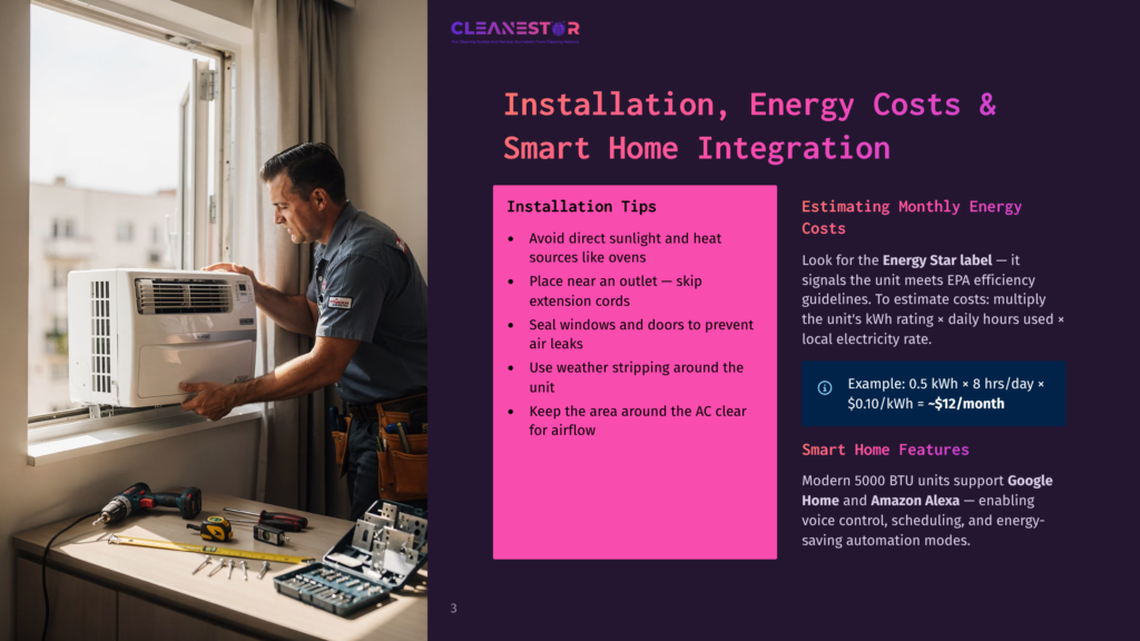 A Man Installs A Window Air Conditioner, With The Cleanestor Logo And Text About Installation, Energy Costs, And Smart Home Integration Visible On A Screen In The Background.