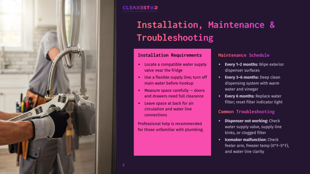 A Plumber Installs A Water Line For A Refrigerator, Holding A Pipe Wrench. The Image Also Displays Text About &Quot;Cleanestor&Quot; Refrigerator Water Line Installation, Maintenance, And Troubleshooting.
